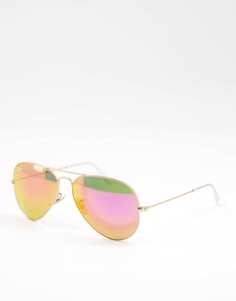 Золотые солнцезащитные очки-авиаторы Ray-Ban с розовыми зеркальными линзами