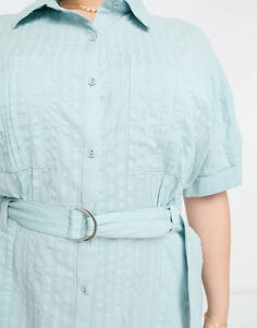 Синее платье-рубашка с поясом и поясом из жатого хлопка ASOS DESIGN Curve