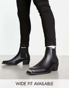 Черные ботинки челси в стиле вестерн на кубинском каблуке ASOS DESIGN из искусственной кожи с металлической фурнитурой