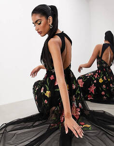 Черное сетчатое платье макси без рукавов с цветочной вышивкой ASOS EDITION
