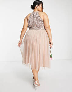 Приглушенно-розовое платье миди из тюля с пайетками и пайетками Maya Plus Bridesmaid