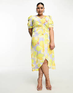 Атласное платье миди с разрезом спереди Vila Curve сиренево-желтого цвета с цветочным принтом