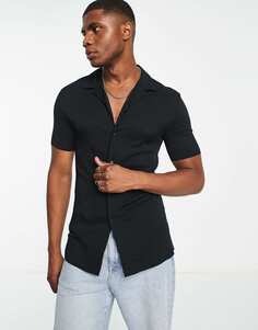 Черная вискозная рубашка ASOS DESIGN Deep Revere Muscle