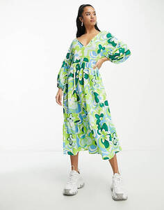Зеленое платье миди с цветочным принтом ASOS DESIGN Petite