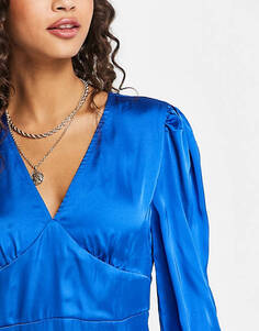 Атласное платье миди с v-образным вырезом Pieces синего кобальта