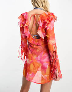 Пляжное шифоновое мини-платье Miss Selfridge с размытым цветочным принтом и оборкой на низкой спине