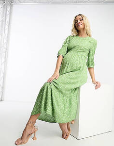 Зеленое присборенное платье миди с мелодичным цветочным принтом Nothing&apos;s Child Maternity Rachel