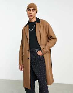 Длинное пальто без подкладки с цветными блоками Topman черного и каменного цветов