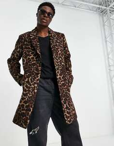 Коричневое удлиненное пальто с леопардовым принтом Topman