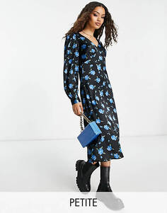 Ярко-синее платье миди с v-образным вырезом Vila Petite с цветочным принтом