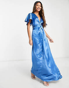 Синее атласное платье макси с развевающимися рукавами Vila Bridesmaid