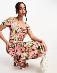 Атласное платье миди с открытыми плечами Hope &amp; Ivy розового цвета с цветочным принтом