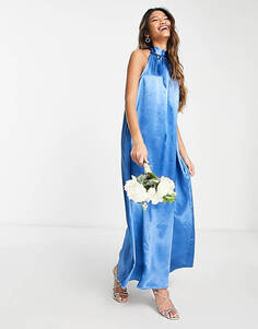 Синее атласное платье макси с воротником-халтер и бантом на спине Vila Bridesmaid