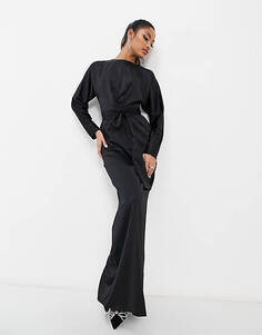 Черное атласное платье макси с рукавами «летучая мышь» и запахом на талии ASOS DESIGN Unknown