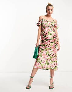 Атласное платье мидакси с открытыми плечами Hope &amp; Ivy Maternity розового цвета с цветочным принтом