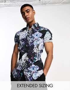 Эластичная узкая рубашка черного и фиолетового цвета с цветочным принтом ASOS DESIGN &apos;Michael&apos;