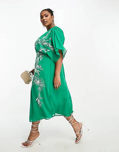 Зеленое платье миди с глубоким вырезом и вышивкой Hope &amp; Ivy Plus