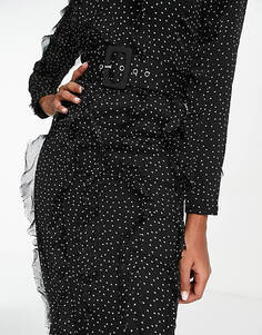 Черное однотонное платье макси с длинными рукавами и рюшами ASOS DESIGN