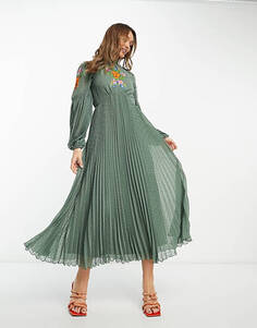 Платье миди цвета хаки со плиссированными кружевными вставками и вышивкой ASOS DESIGN