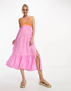 Оранжево-розовое платье макси с лифом и вышивкой Vero Moda
