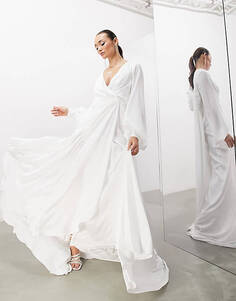 Атласное свадебное платье цвета слоновой кости с драпировкой и бантом на спине ASOS EDITION Mary
