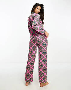 Розовый пижамный комплект из атласного топа и брюк с принтом пчелиной мозаики Chelsea Peers