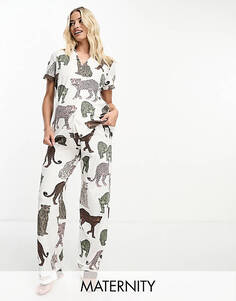 Белоснежный хлопковый топ и брючные пижамы с короткими рукавами и пуговицами Chelsea Peers для беременных в тон с леопардовым принтом