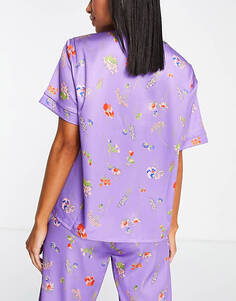 Фиолетовая атласная пижамная рубашка без воротника с цветочным принтом ASOS DESIGN mix &amp; match