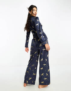 Велюровый пижамный комплект с топом и брюками Chelsea Peers с темно-синим принтом