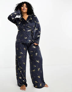 Велюровый пижамный комплект из топа и брюк с темно-синим принтом Chelsea Peers Curve