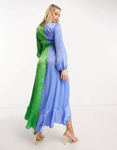 Платье макси с объемными рукавами и рюшами Flounce London Maternity контрастного синего и зеленого цвета