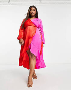 Атласное платье миди с объемными рукавами и оборками Flounce London Plus контрастного розового и красного цветов