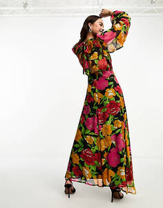 Темно-шифоновое платье макси с длинными рукавами Miss Selfridge с цветочным принтом