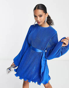 Синее свободное платье In The Style с объемными рукавами и поясом