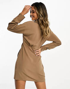 Серо-коричневое мини-платье-рубашка с юбкой внахлест NA-KD