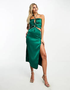 Изумрудно-зеленое атласное платье макси с вырезами Rebellious Fashion Unknown