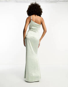 Атласное платье макси на одно плечо Pretty Lavish Bridesmaid шалфейно-зеленого цвета