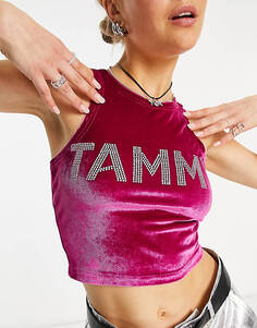 Бархатный укороченный топ Tammy Girl с гоночной спиной и логотипом из стразов