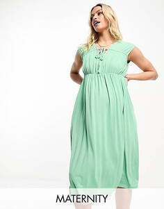 Зеленое платье макси без рукавов со сборками на лифе Mamalicious Maternity Mama.Licious
