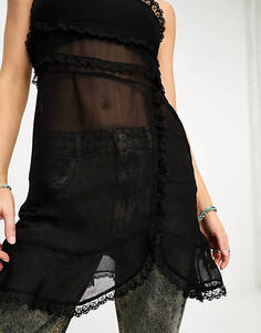 Черное платье мини на бретелях с прозрачной оборкой COLLUSION