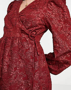 Бордовое жаккардовое платье мини с запахом и цветочным принтом Monki