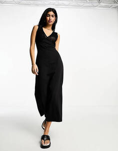 Черное трикотажное платье миди крючком с v-образным вырезом ASOS DESIGN