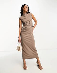 Светло-коричневое платье миди без рукавов с подплечниками ASOS DESIGN