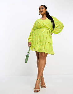 Светло-зеленое платье мини с завязкой на талии и завитками ASOS DESIGN Curve