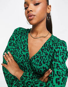 Зеленое платье миди с запахом Monki с леопардовым принтом