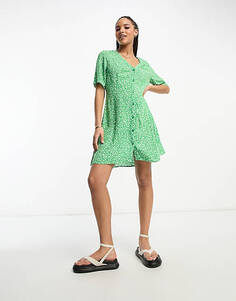 Зеленое мини-платье на пуговицах Monki с цветочным принтом