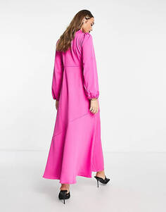 Эксклюзивное ярко-розовое атласное чайное платье макси с высоким воротником YAS Y.A.S