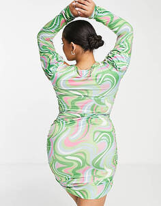 Эксклюзивное облегающее мини-платье In The Style Plus x Liberty с вырезом и сборкой на пышных плечах, с зелено-розовым принтом в виде водоворотов