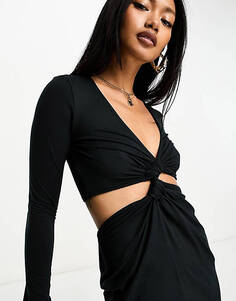 Черное мини-платье с длинными рукавами и вырезом на талии ASOS DESIGN