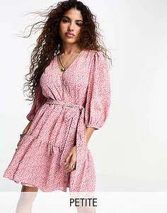 Розовое мини-платье с объемными рукавами и запахом Glamorous Petite в винтажном цветочном стиле
